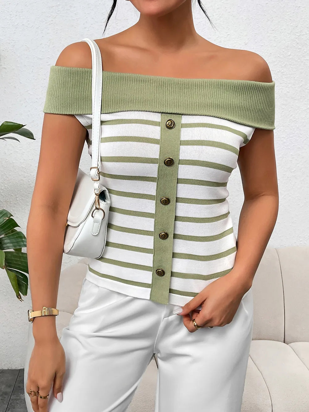 Decorative Button Striped Off-Shoulder Knit Top - adritiX