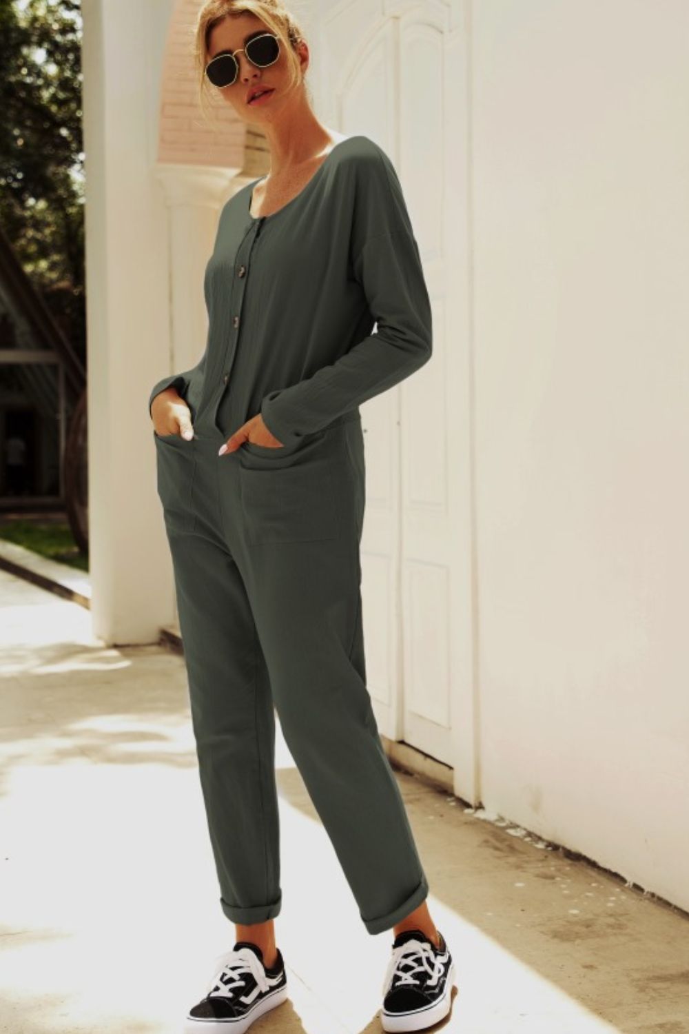 Elegant Buttoned Drop Shoulder Pocket Jumpsuit - adritiX