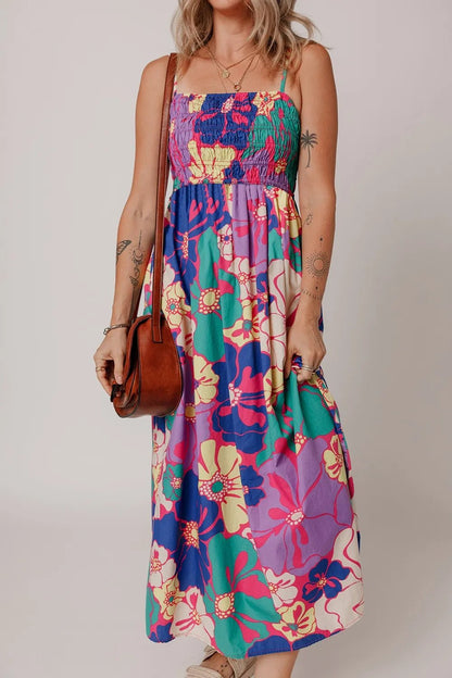 Floral Print Shirred Spaghetti Strap Loose Maxi Dress - adritiX