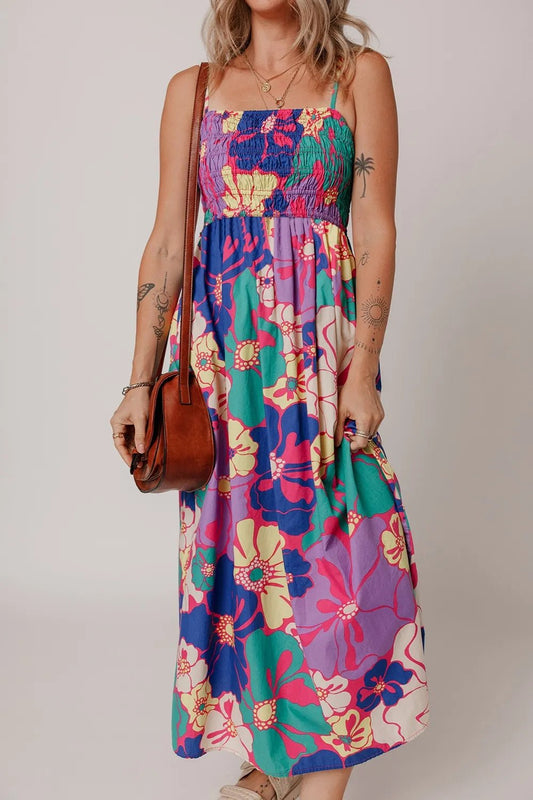 Floral Print Shirred Spaghetti Strap Loose Maxi Dress - adritiX