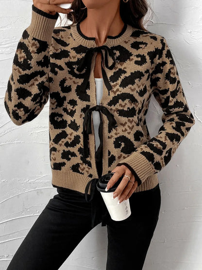 Perfee Tied Leopard Long Sleeve Cardigan - adritiX