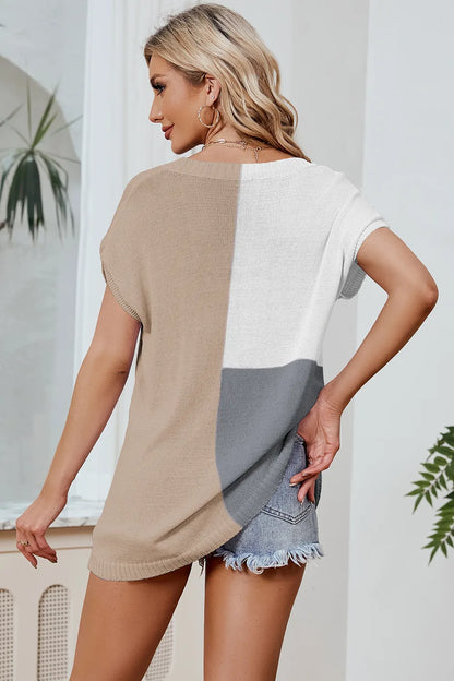 Color Block V-Neck Short Sleeve Knit Top - adritiX