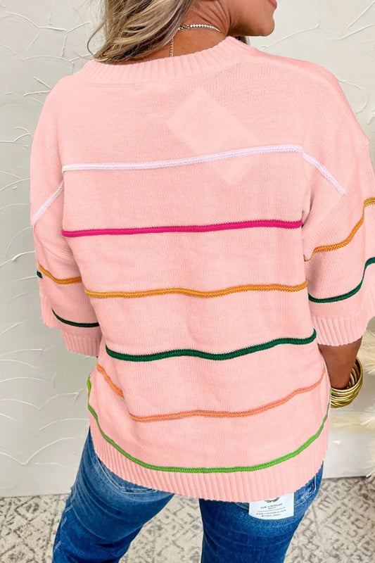 Striped Round Neck Half Sleeve Sweater - adritiX
