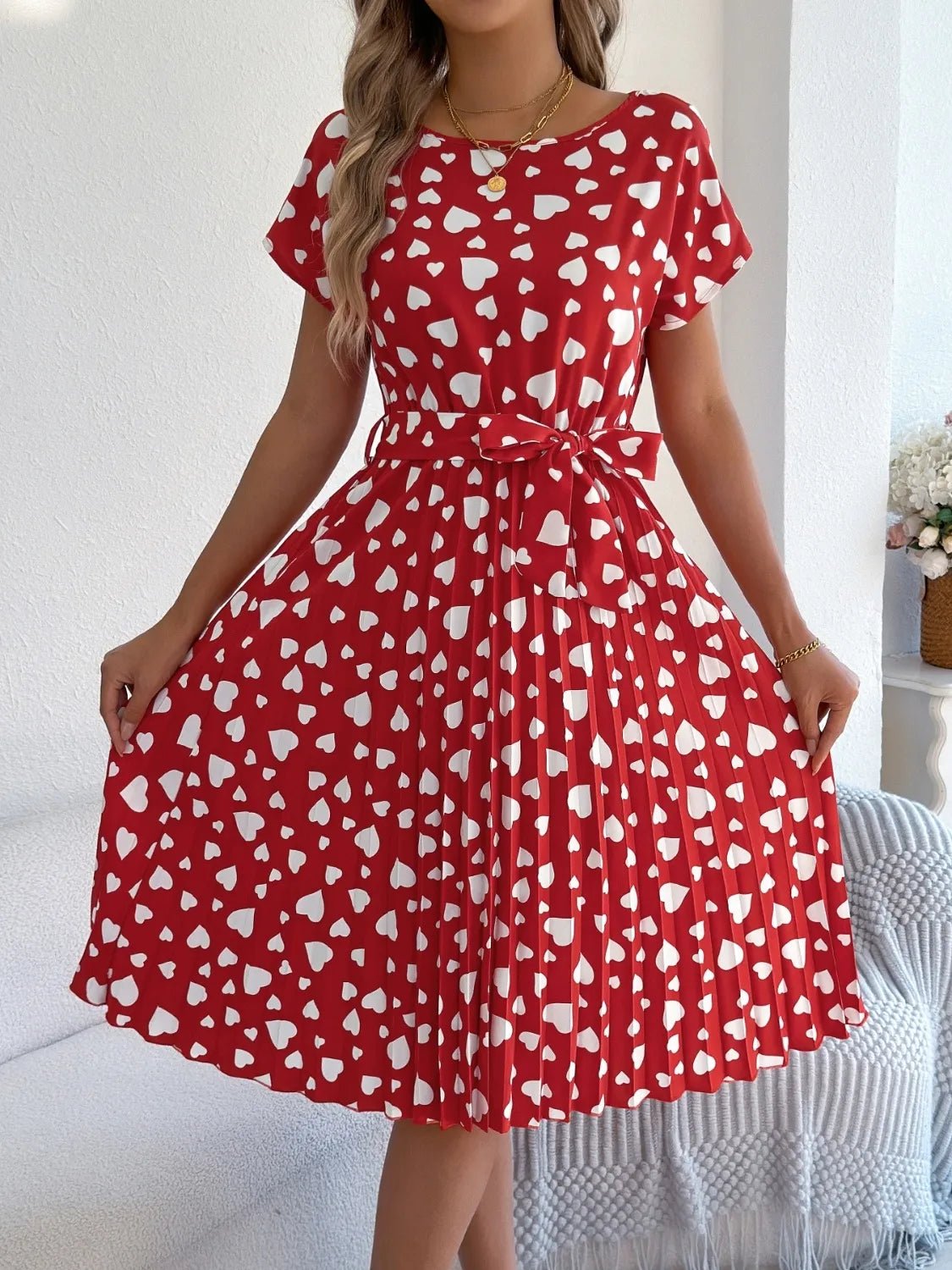 Heart Print Short Sleeve Tie Waist Dress - adritiX