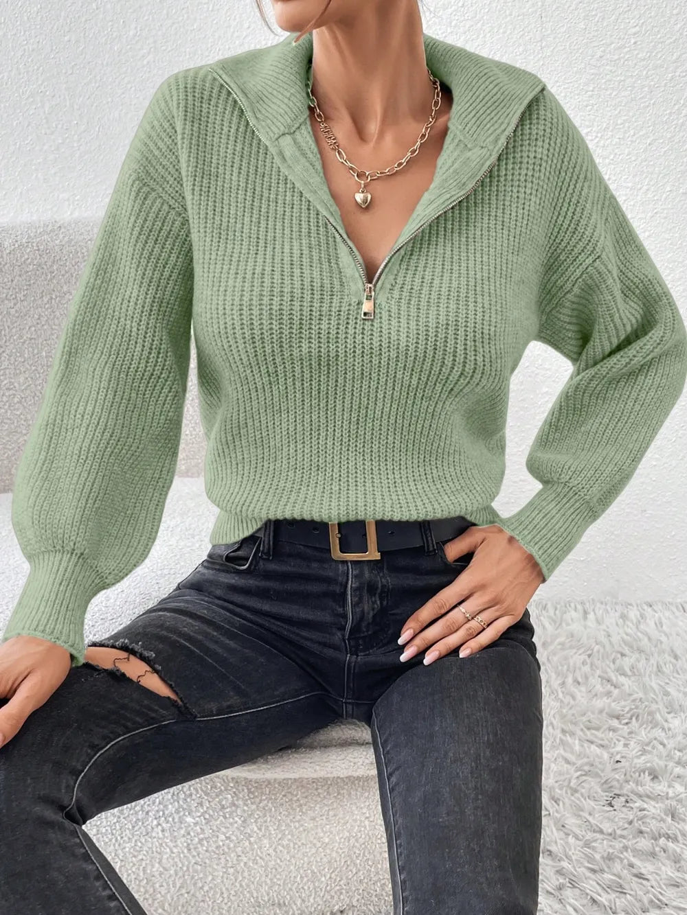 Elegant Honey Half Zip Dropped Shoulder Sweater - adritiX