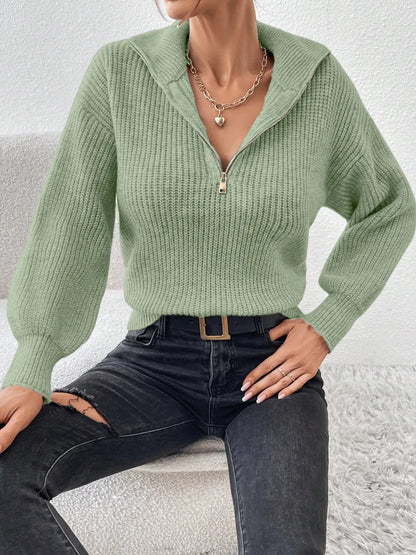 Elegant Honey Half Zip Dropped Shoulder Sweater - adritiX
