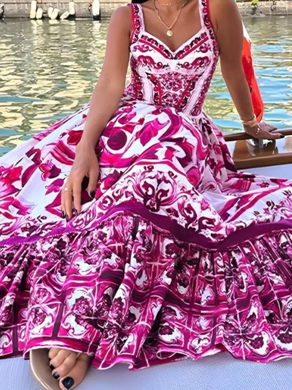 Smocked Printed Wide Strap Dress - adritiX