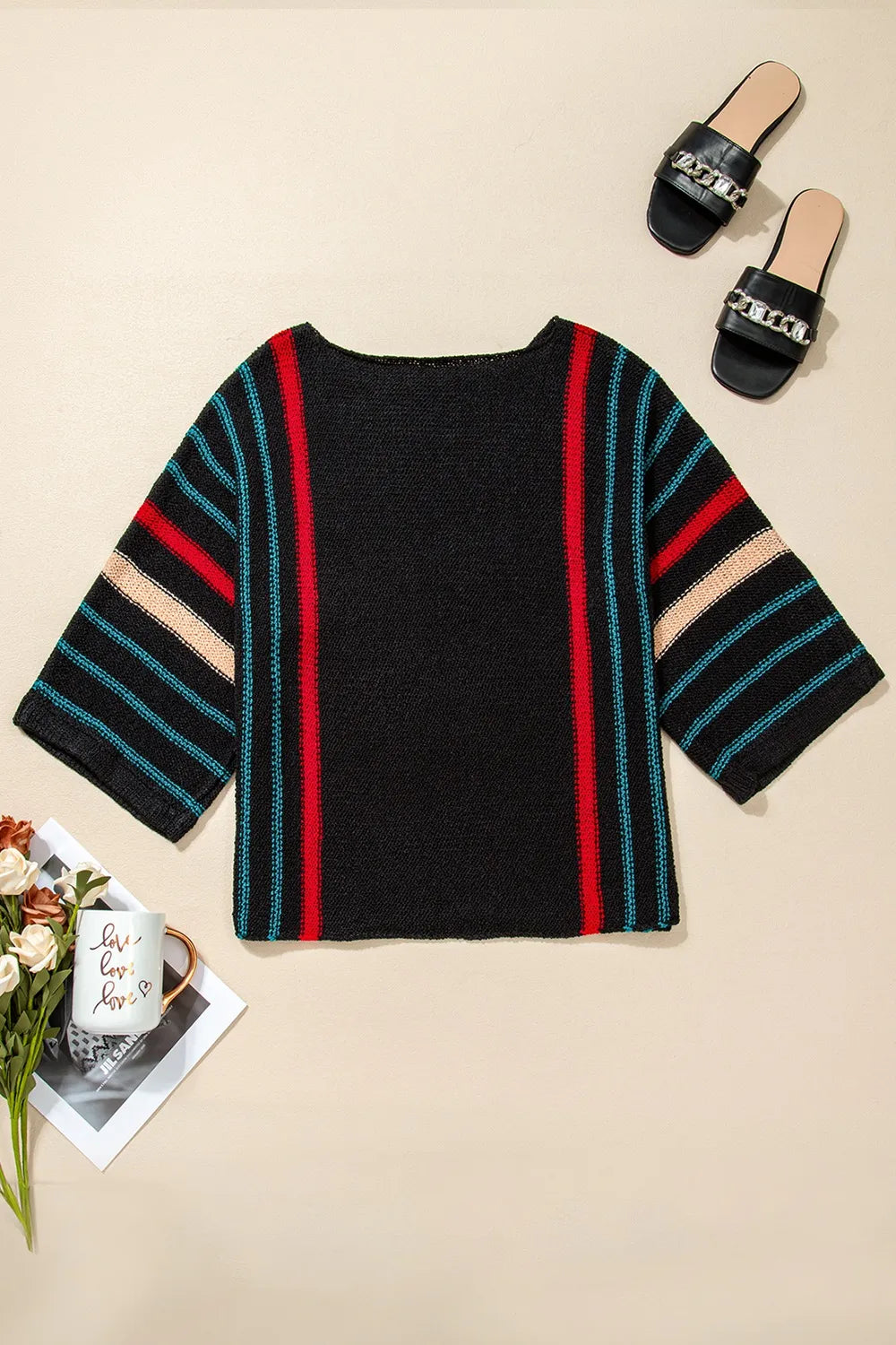 Striped Boat Neck Three-Quarter Sleeve Knit Top - adritiX