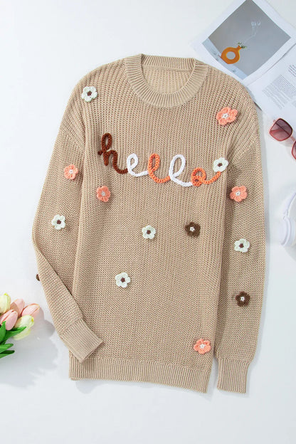 HELLO Flower Round Neck Long Sleeve Sweater - adritiX