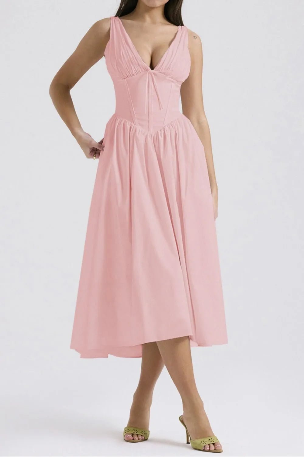 Chic & Sleek Ruched V-Neck Dress with Pockets – Effortless Style for Every Occasion - adritiX