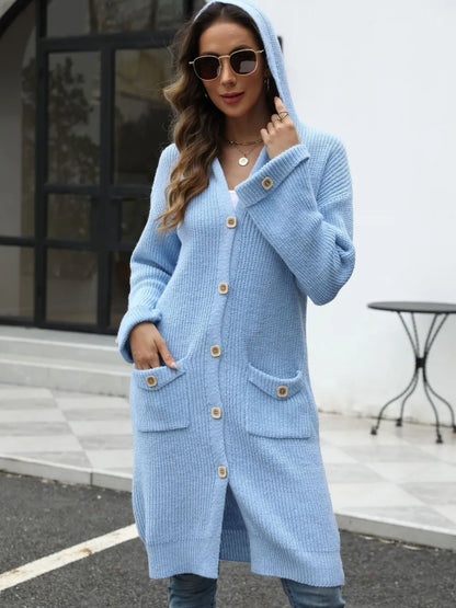 Pocketed Button Up Long Sleeve Hooded Cardigan - adritiX
