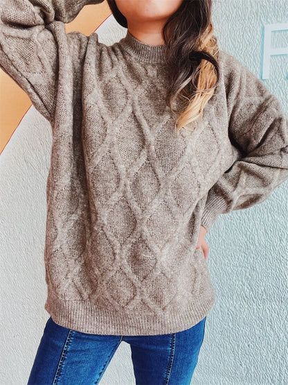 Diamond Round Neck Long Sleeve Sweater - adritiX
