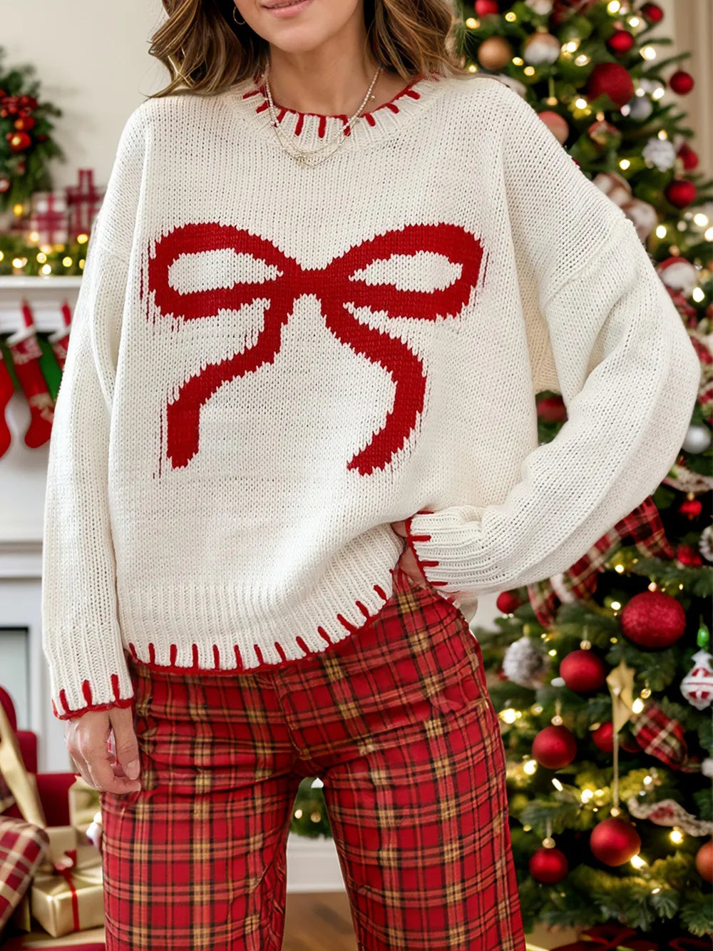 Bow Round Neck Long Sleeve Sweater - adritiX