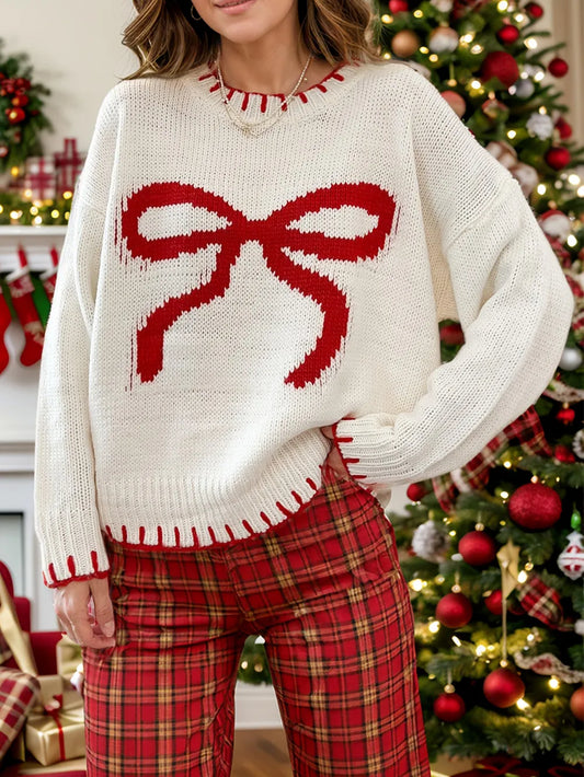 Bow Round Neck Long Sleeve Sweater - adritiX