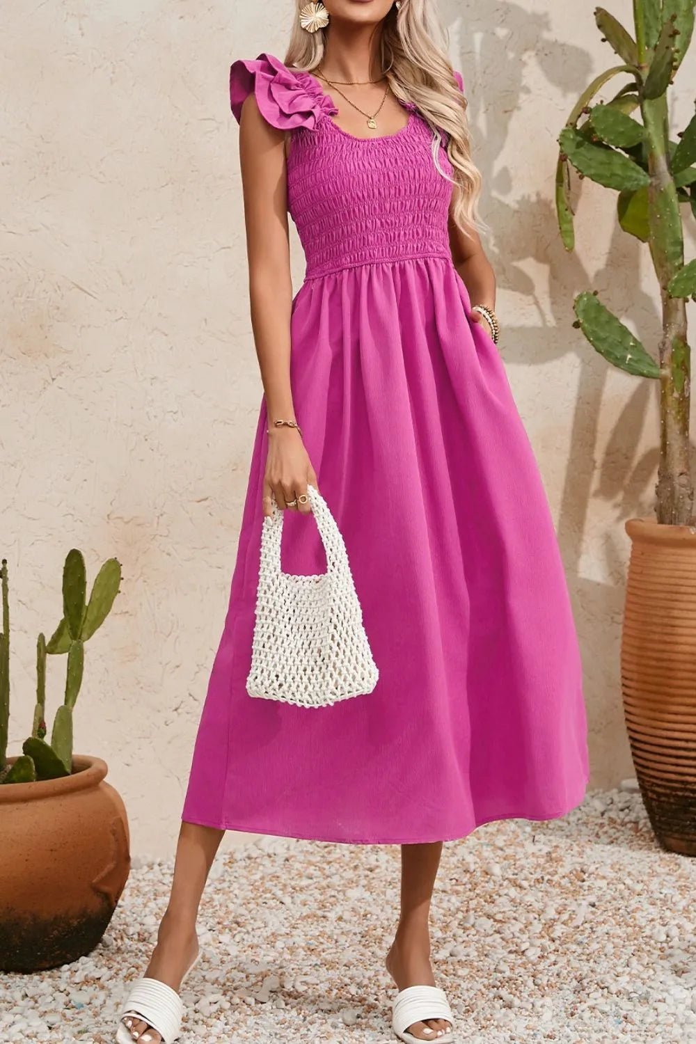 Solid Color Ruffled Straps Smocked Ruched Maxi Dress - adritiX