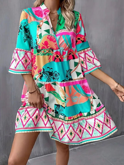 Printed Notched 3/4 Sleeve Tiered Dress - adritiX