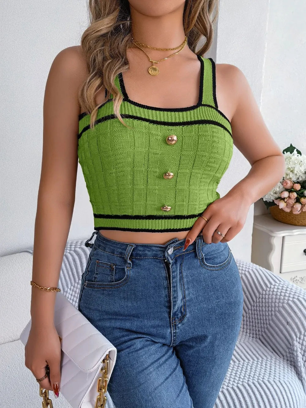 Decorative Button Wide Strap Knit Cami - adritiX