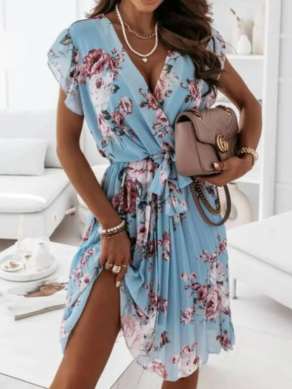 Floral Surplice Ruffled Cap Sleeve Dress - adritiX