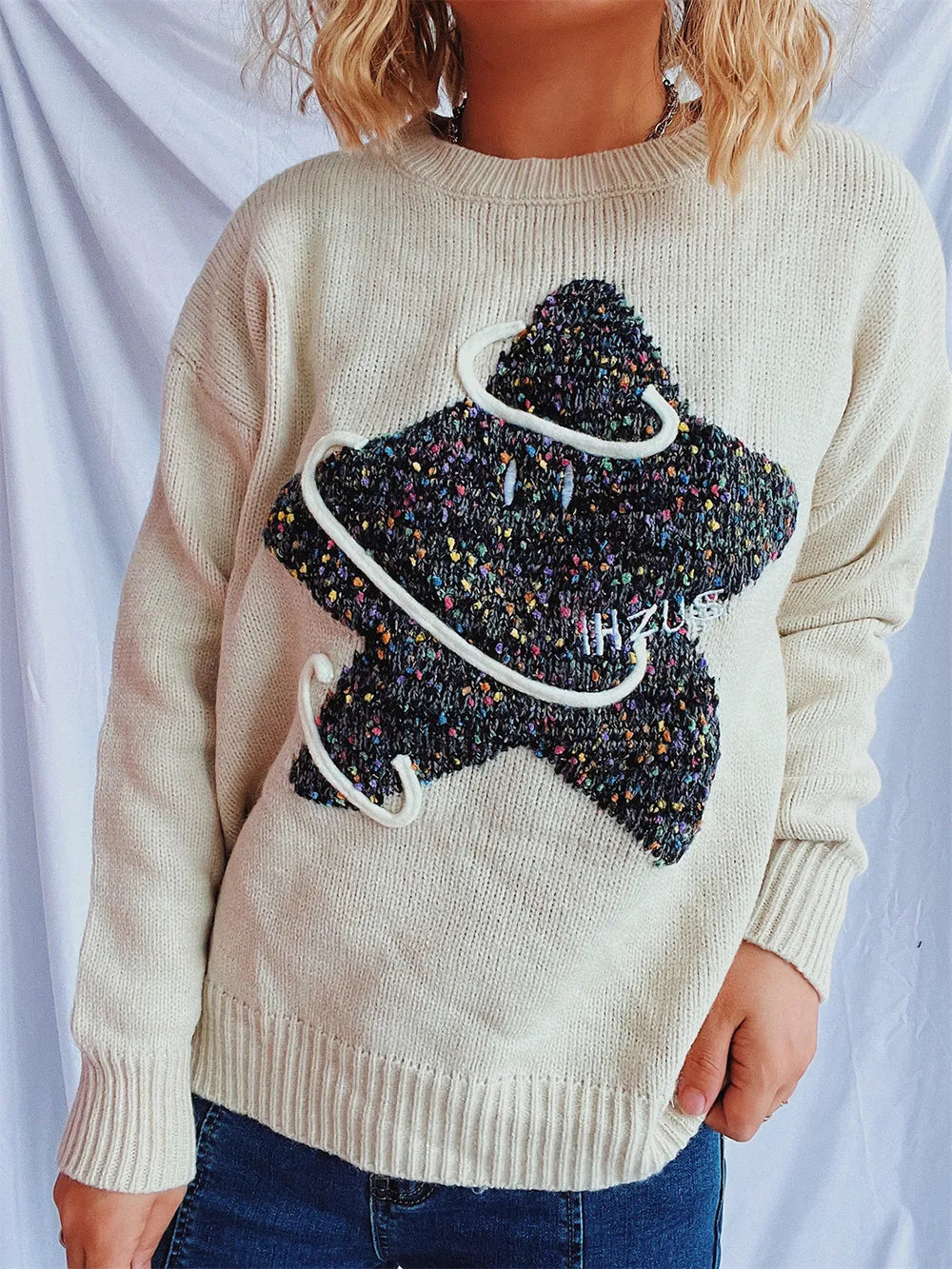 Contrast Star Round Neck Long Sleeve Sweater - adritiX