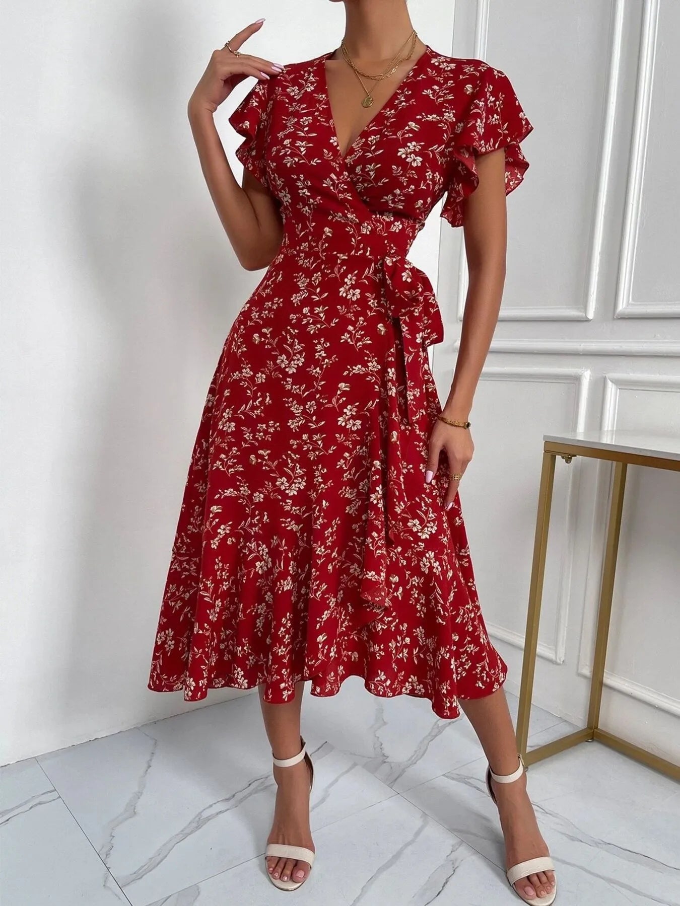 Floral Ruffle Sleeves Midi Dress - adritiX