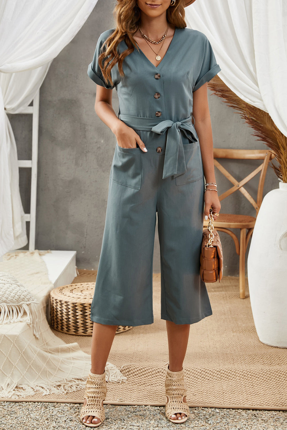 Elegant Tie-Waist Buttoned Cropped Jumpsuit - adritiX