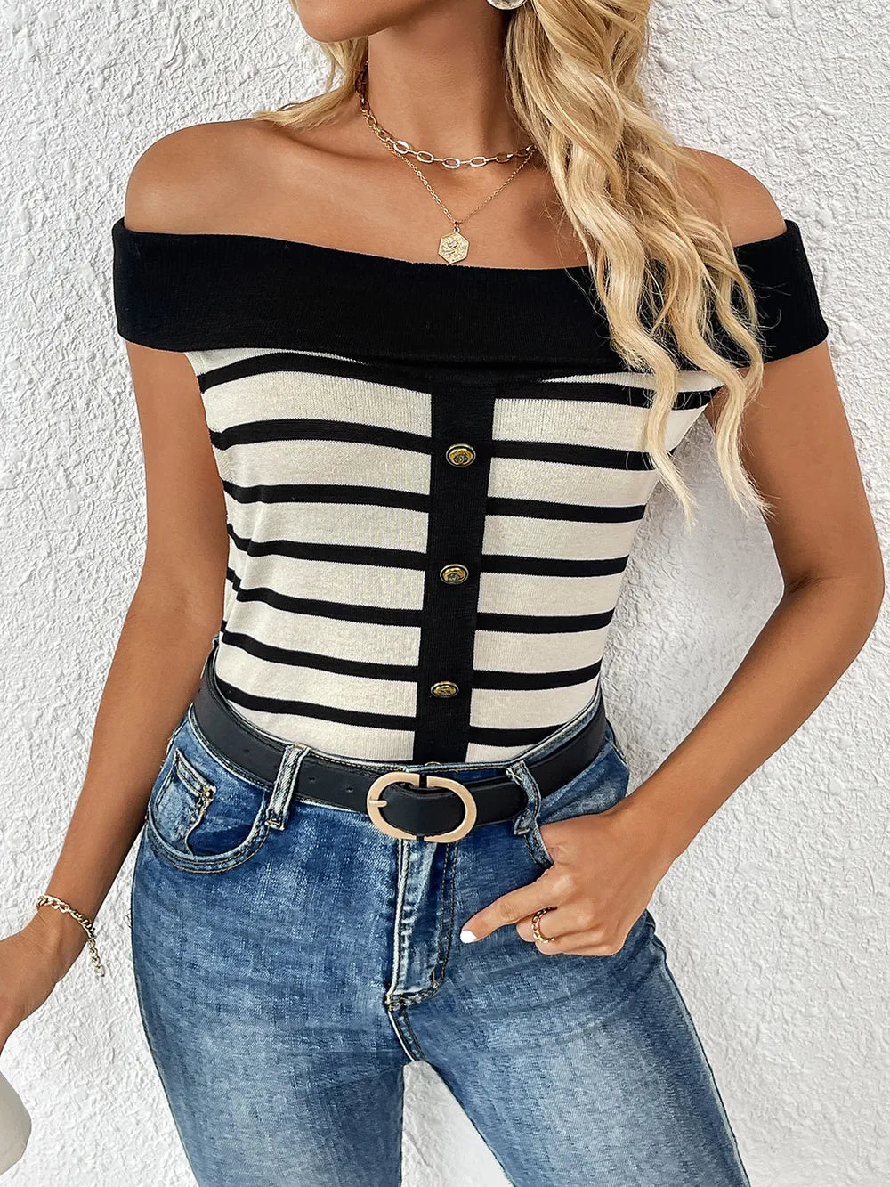 Decorative Button Striped Off-Shoulder Knit Top - adritiX