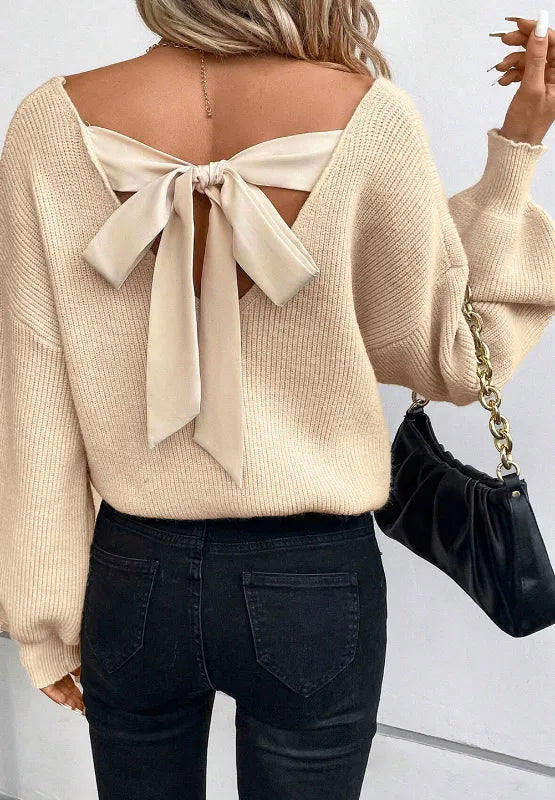 Tied Back V-Neck Long Sleeve Sweater - adritiX