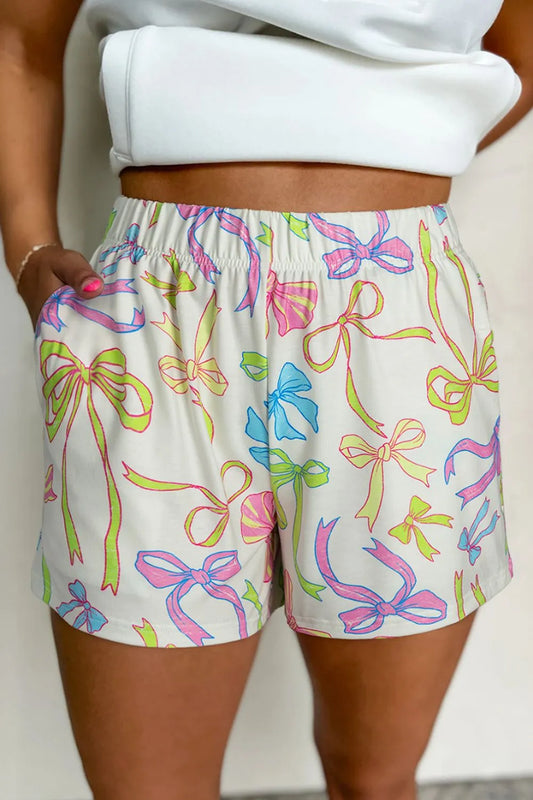 Cheerful Bow Print Elastic Pull On Casual Shorts - adritiX