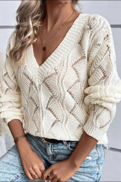 Openwork V-Neck Long Sleeve Sweater - adritiX