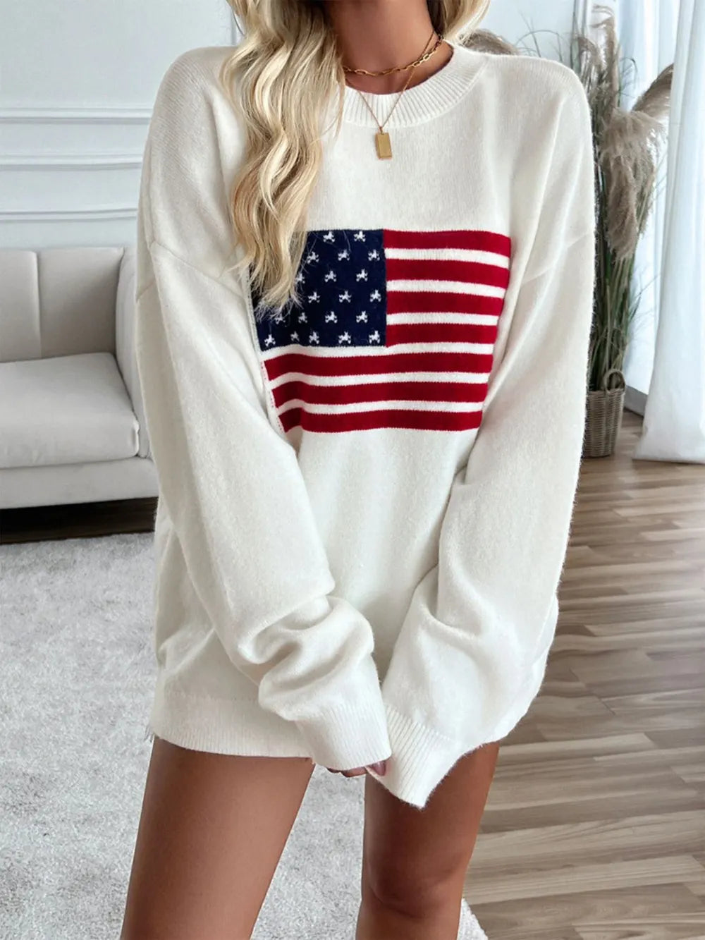 Devine US Flag Round Neck Long Sleeve Knit Top - adritiX
