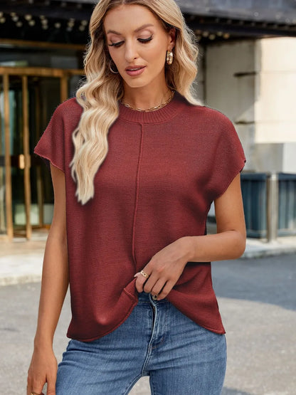 Exposed Seam Round Neck Short Sleeve Sweater - adritiX