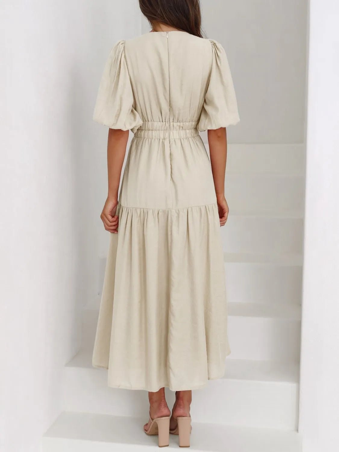 V-Neck Puff Sleeve Midi Dress - adritiX