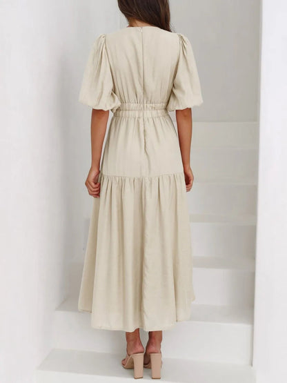 V-Neck Puff Sleeve Midi Dress - adritiX