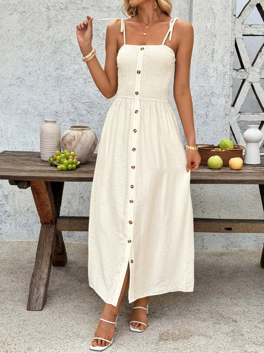 Smocked Button Front Tie Shoulder Dress - adritiX