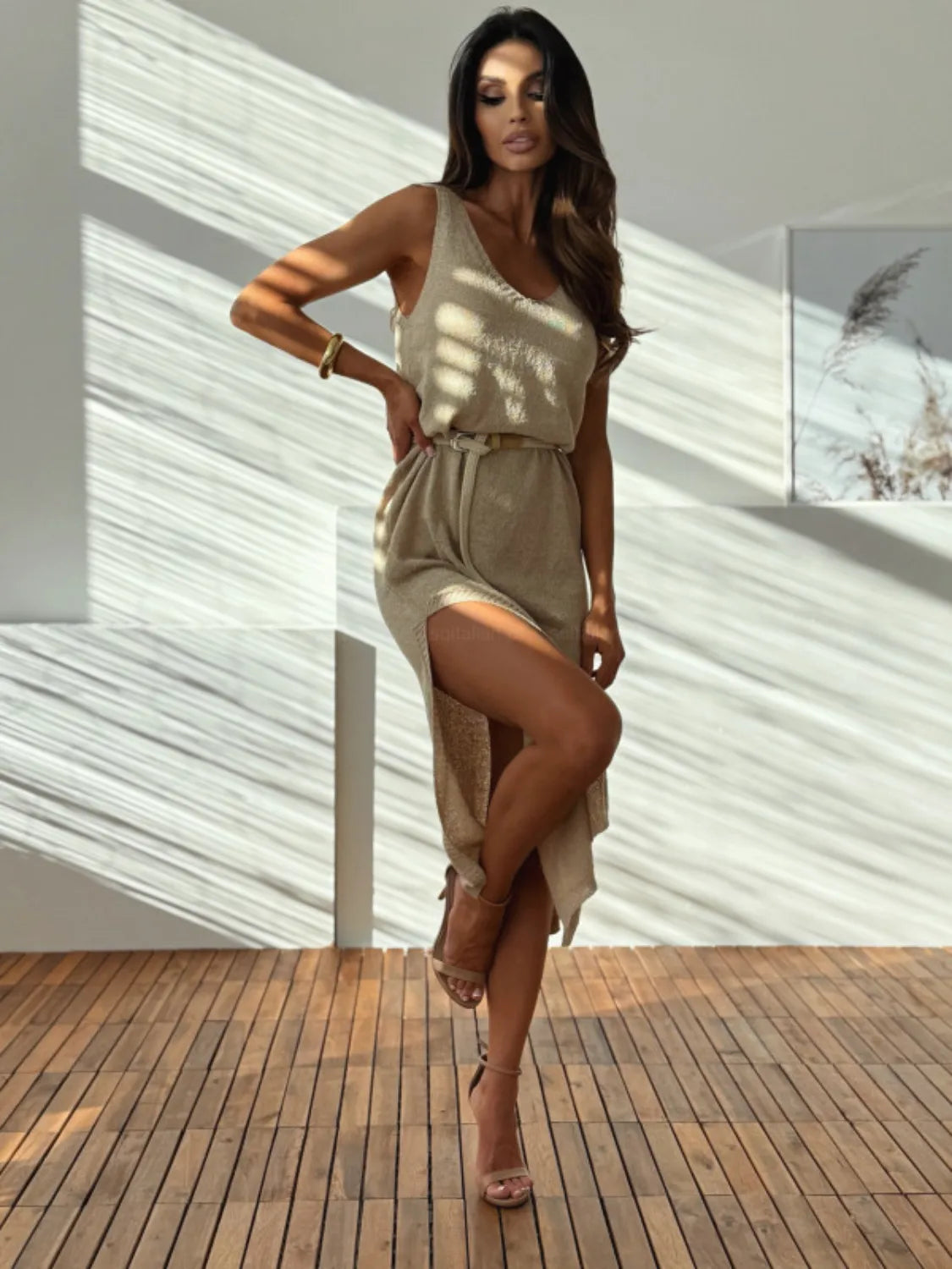 Slit V-Neck Sleeveless Sweater Dress - adritiX