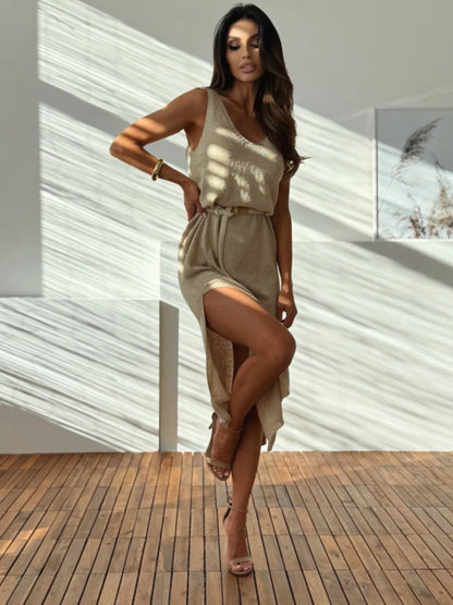 Slit V-Neck Sleeveless Sweater Dress - adritiX