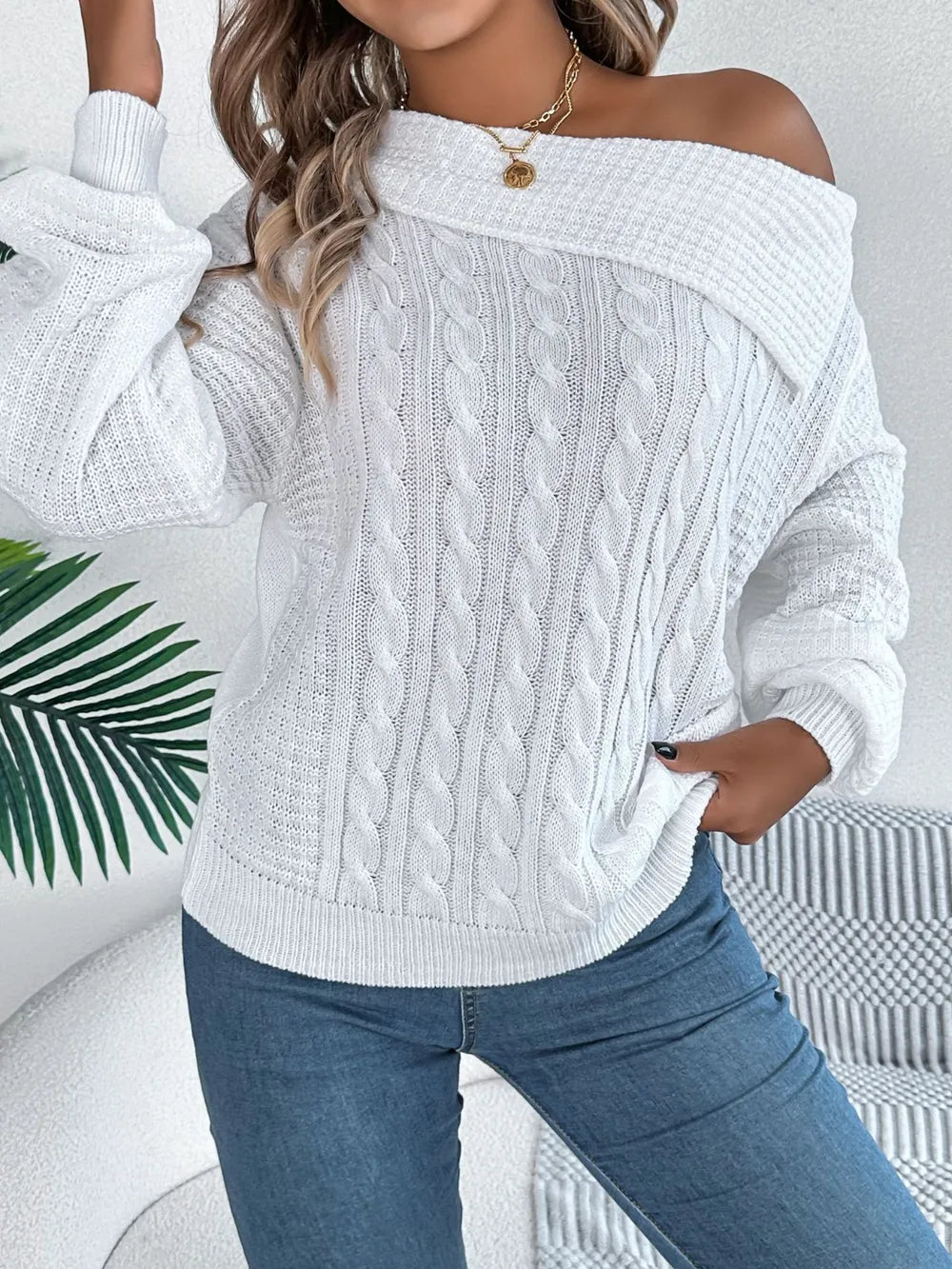 Cable-Knit One Shoulder Long Sleeve Sweater - adritiX