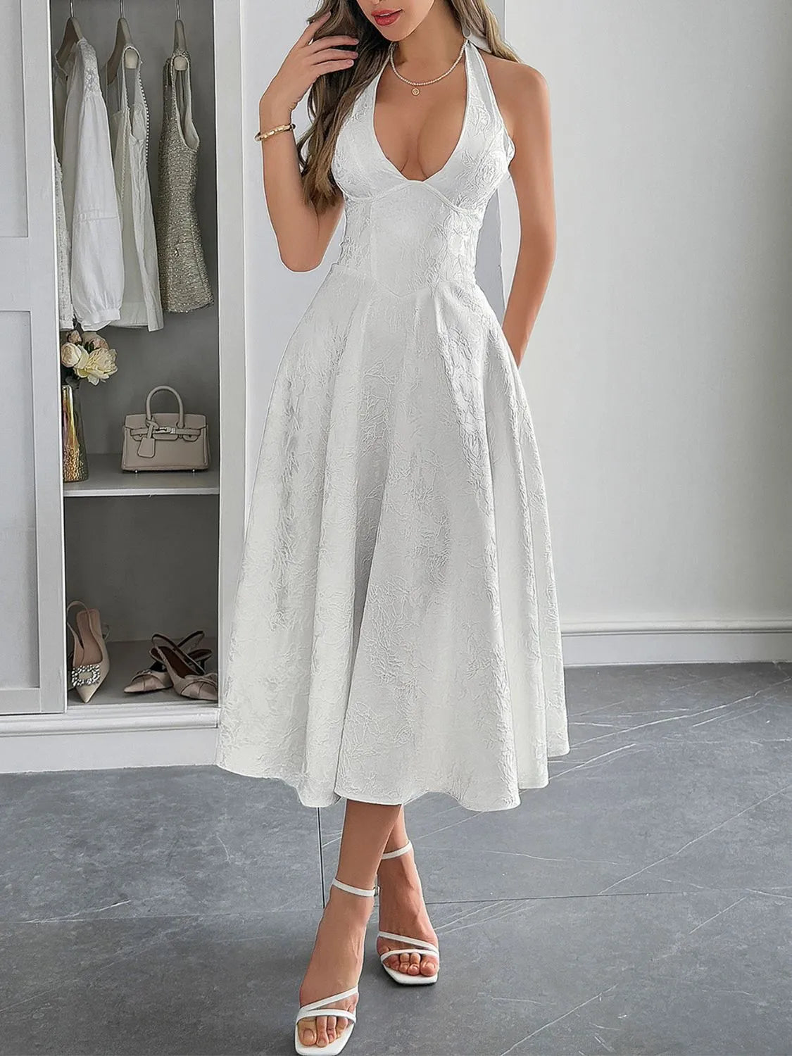 Elegant Halter Neck Midi Dress with Pockets - adritiX