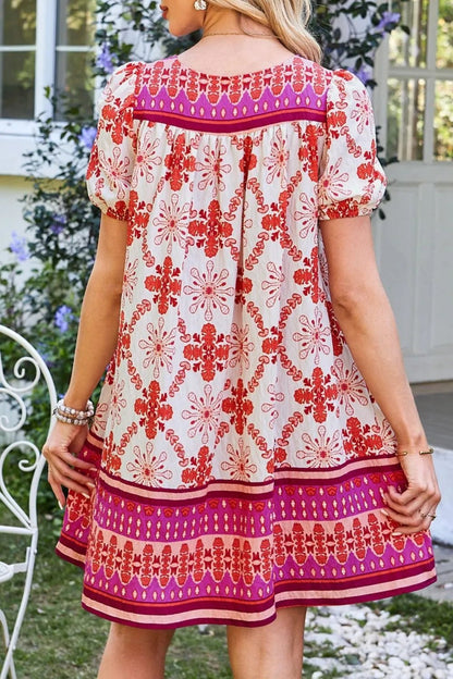 Boho Floral Short Sleeve Tie Neck Mini Dress - adritiX