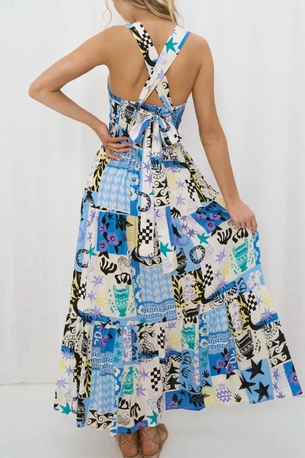 Printed Square Neck Wide Strap Maxi Dress - adritiX