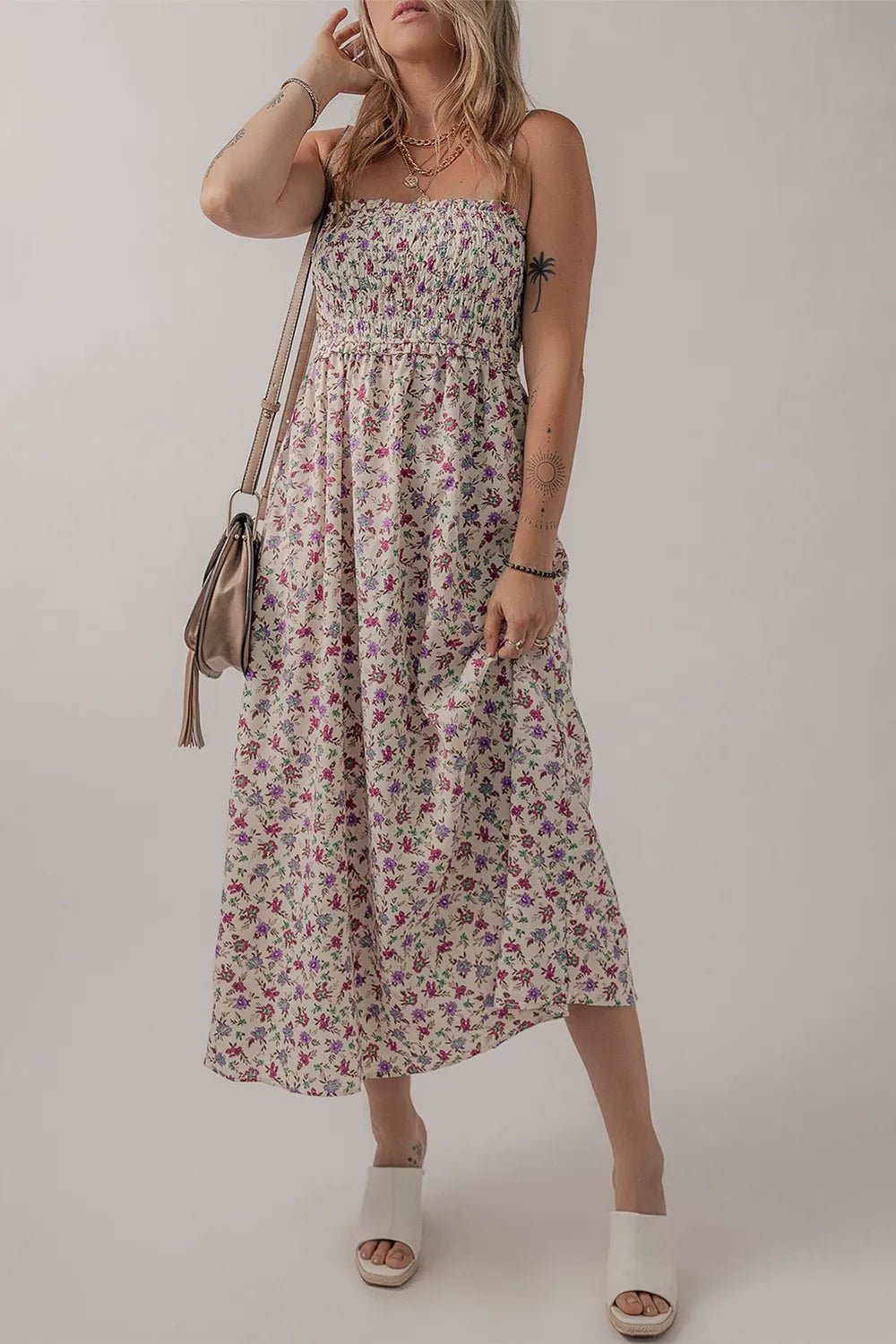 Multicolour Bohemian Ditsy Floral Smocked Fit Flare Sundress - adritiX