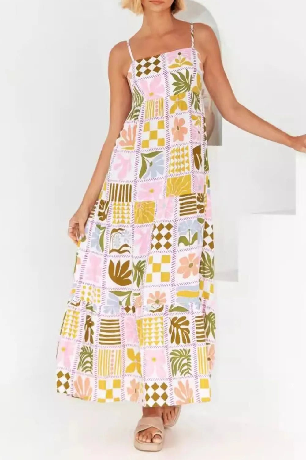 Cutout Back Printed Square Neck Maxi Cami Dress - adritiX