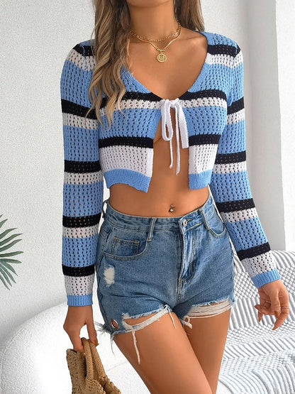 Tied Openwork Long Sleeve Knit Top - adritiX
