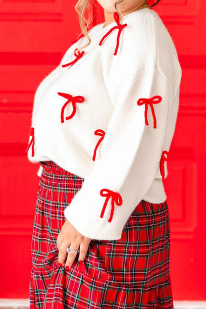 Bow Trim Round Neck Long Sleeve Sweater - adritiX