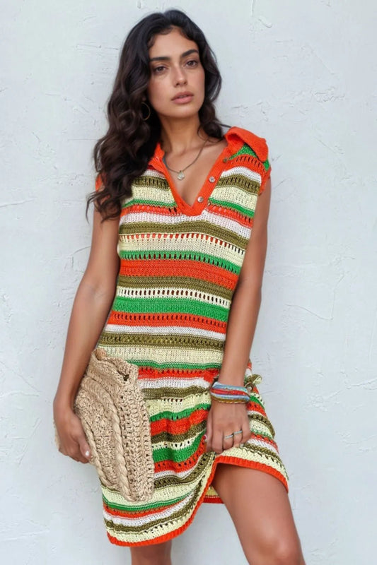 Openwork Stripe Sleeveless Sweater Dress - adritiX