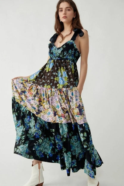Floral Tiered Maxi Dress with Mixed Print Design - adritiX