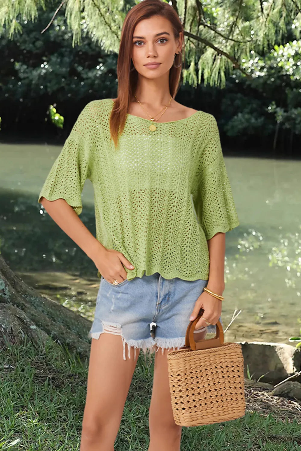 Openwork Round Neck Half Sleeve Knit Top - adritiX