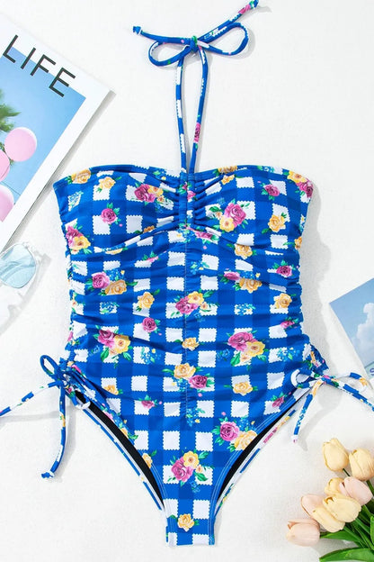 Floral Gingham Halter Neck Drawstring One Piece Swimwear - adritiX