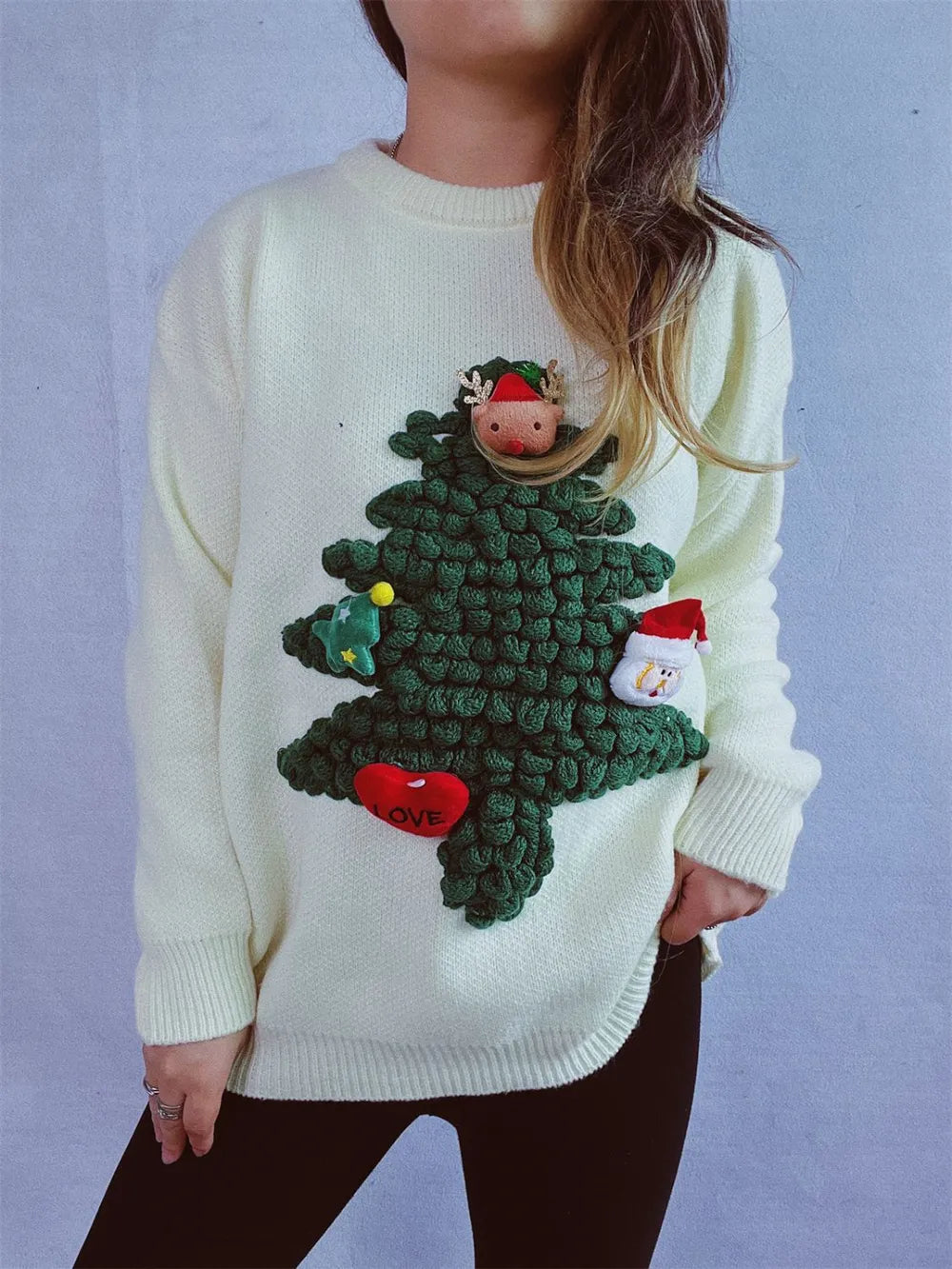 Elegant Christmas Tree Round Neck Long Sleeve Sweater - adritiX