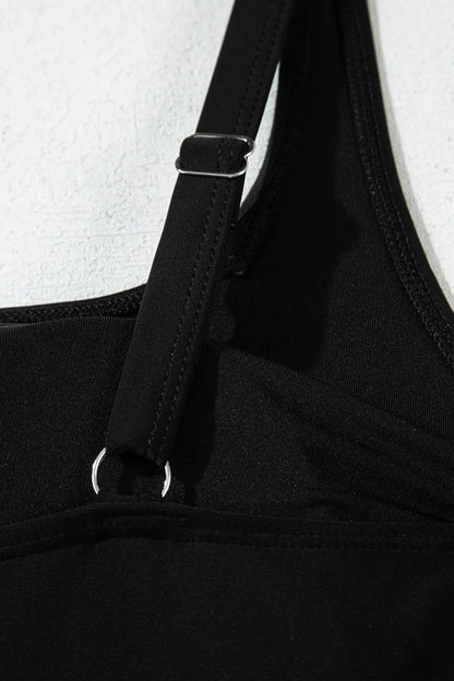 Side Tied Waist Square Neck Adjustable Straps A-line One Piece Swim Dress - adritiX